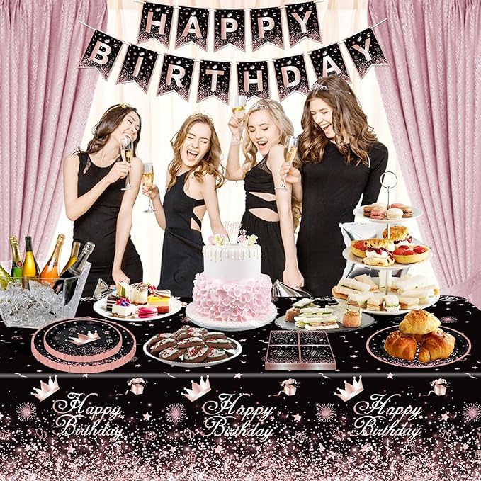 123 Pack Black and Rose Gold Party Supplies Pink Birthday Party