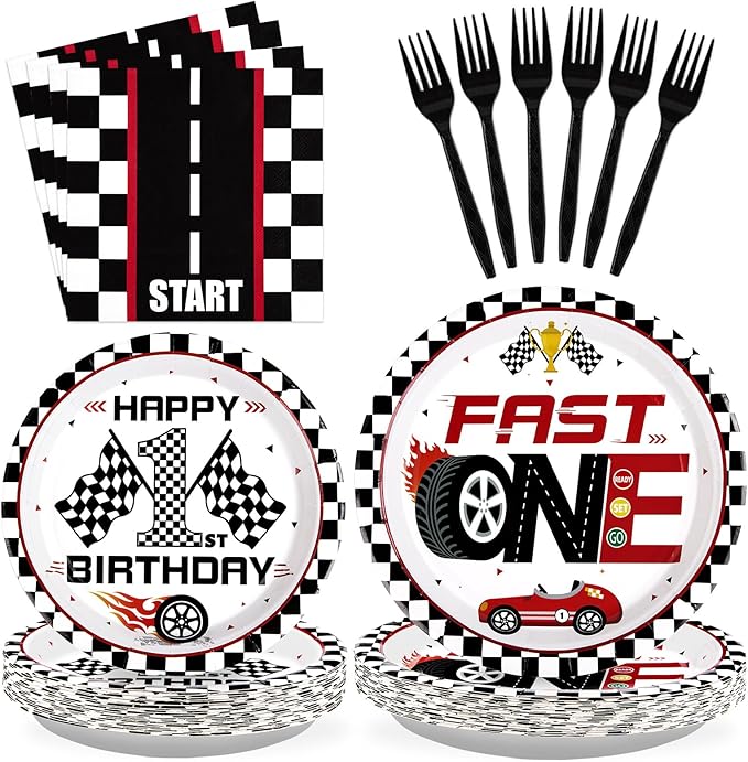 96 Pcs Fast One Birthday Decorations Race Car 1st Birthday Plates