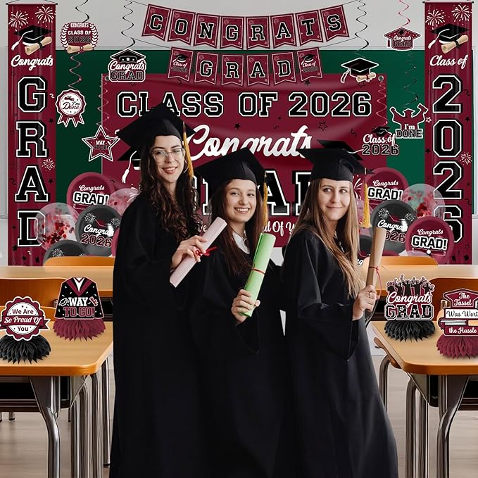 Graduation Decorations 2026 Maroon Graduation Party Decor Set include