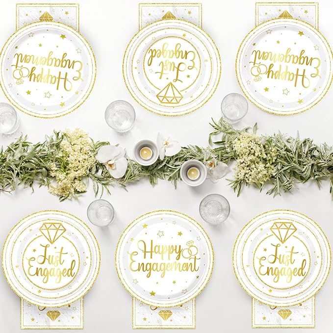 96Pcs Happy Engagement Party Supplies Gold Just Engaged Plates and