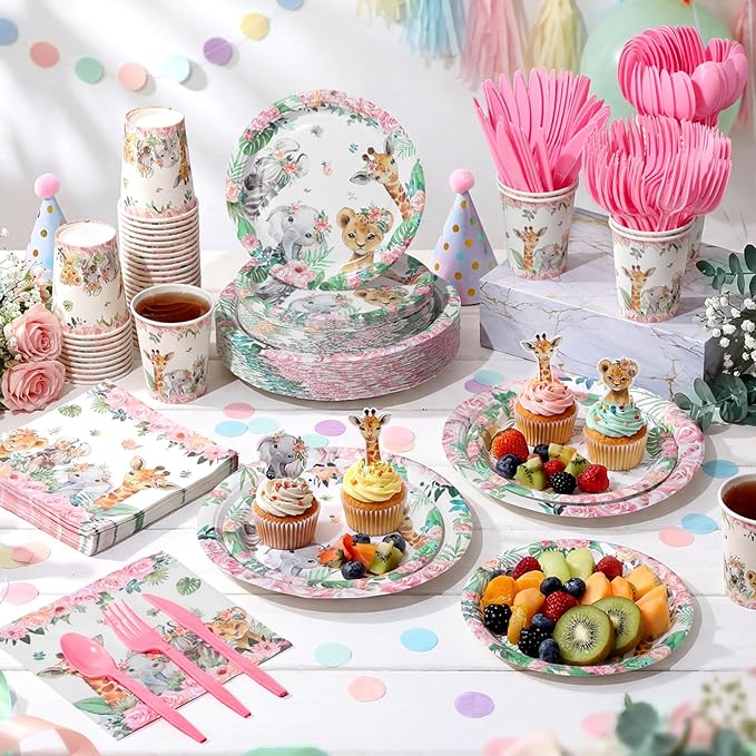 400 Pcs Safari Birthday Party Supplies Include Pink Green Jungle