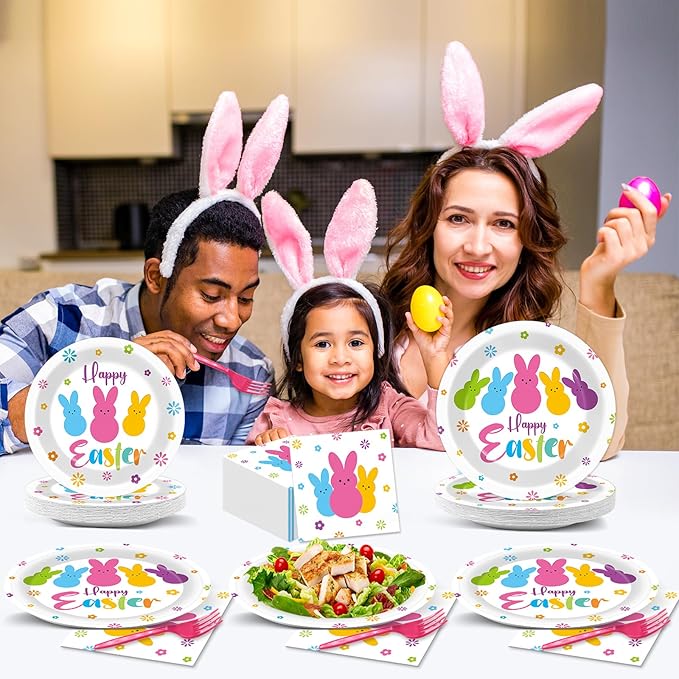 96Pcs Easter Bunny Peeps Party Plates and Napkin Party Supplies