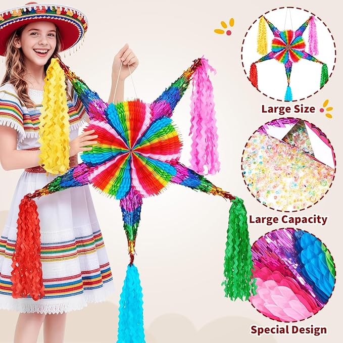 WERNNSAI Large 32" Cinco de Mayo Star Piñata - Foldable Mexican Star