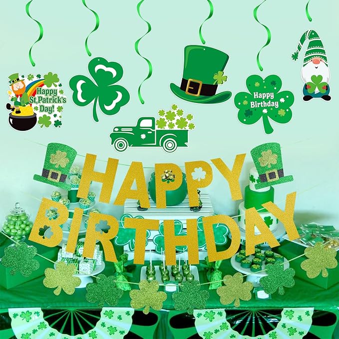 Gold Happy Birthday St Patricks Day Banner and Shamrock Garland,