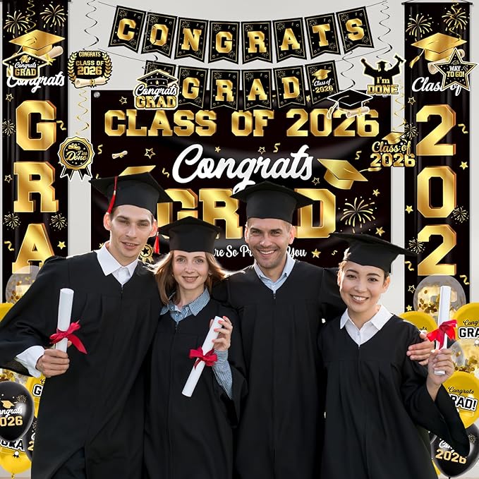 Graduation Decorations Class of 2026 Black and Gold Party Decor Set