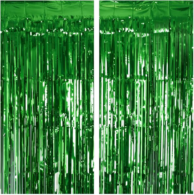 2 Pack Green Tinsel Curtain Party Backdrop, 3.2Ft x 8.2Ft Metallic