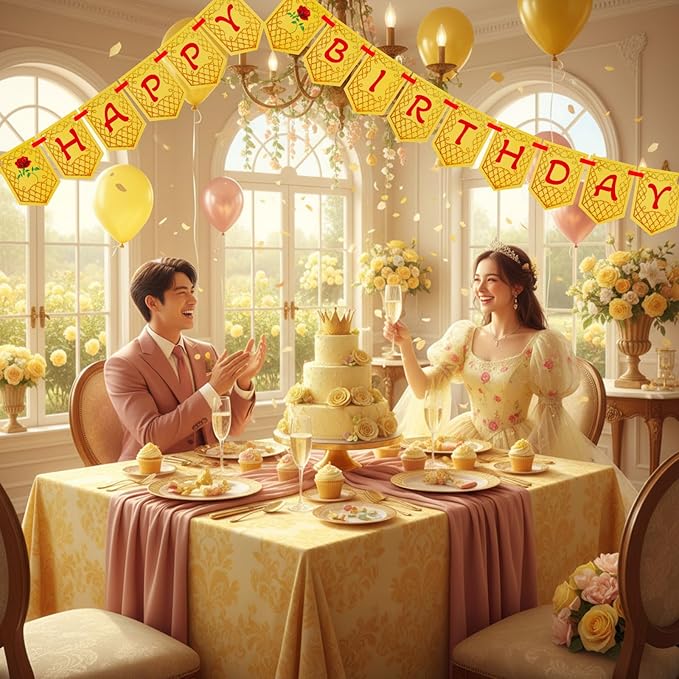 Yellow Beauty Princess Party Supplies 8.2ft Happy Birthday Banner