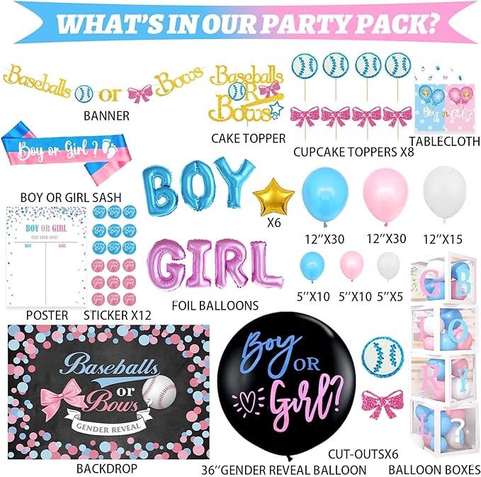 Baseball or Bows Gender Reveal Decorations 171 PCs Boy or Girl