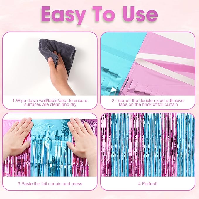 Voircoloria 3 Pack 3.3x8.2 Feet Blue and Pink Foil Fringe Backdrop