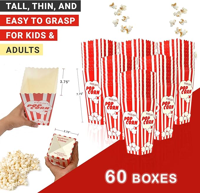 60 Movie Night Popcorn Paper Boxes Buckets 7.75 Inches Tall Large