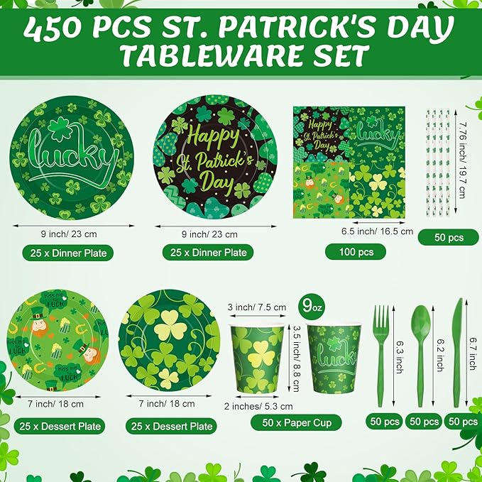 450 Pcs Happy St Patrick's Day Tableware Set Decorations Lucky Green
