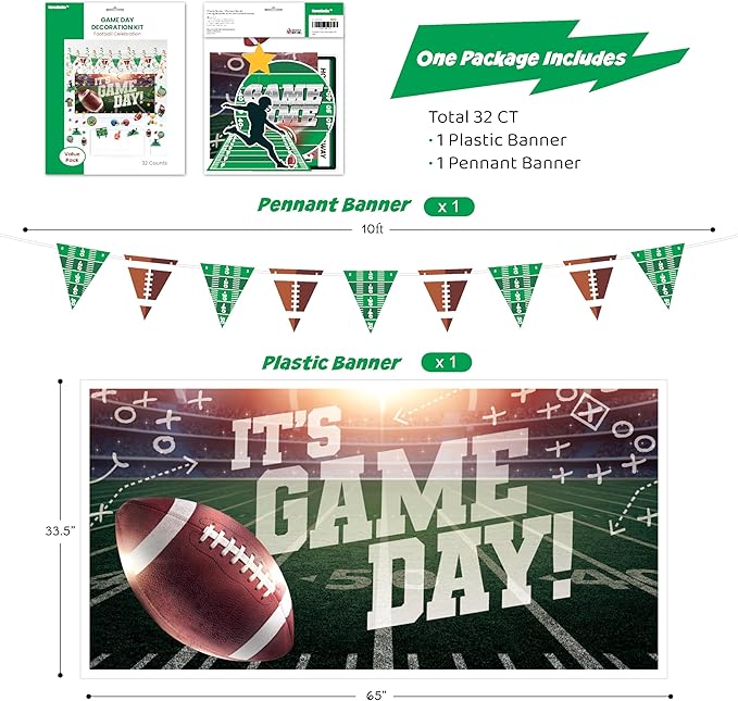 32 Piece Football Party Decoration Kit Banners Foil Swirls Garlands