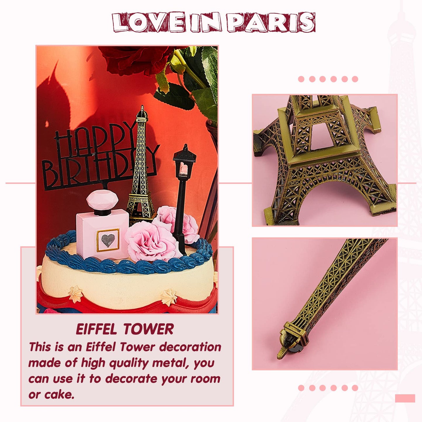 8 Pcs Paris Eiffel Tower Cake Topper Set, 7 Inch Romantic Decor w Mord