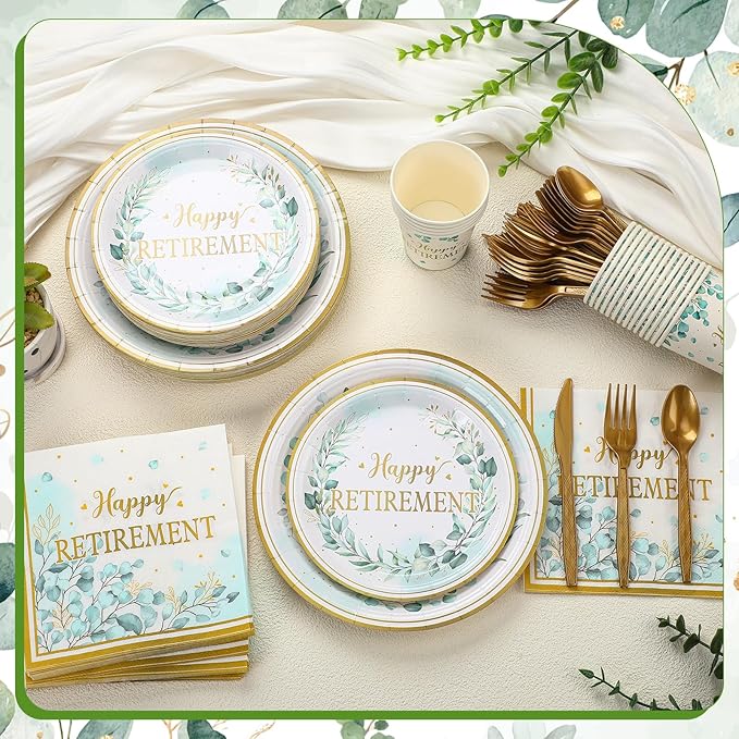 252 Pcs Sage Green Retirement Party Tableware Set Happy Retirement