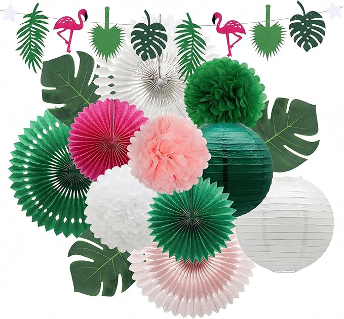 14 Pcs Tropical Party Decorations Set Pre Strung Flamingo Banner