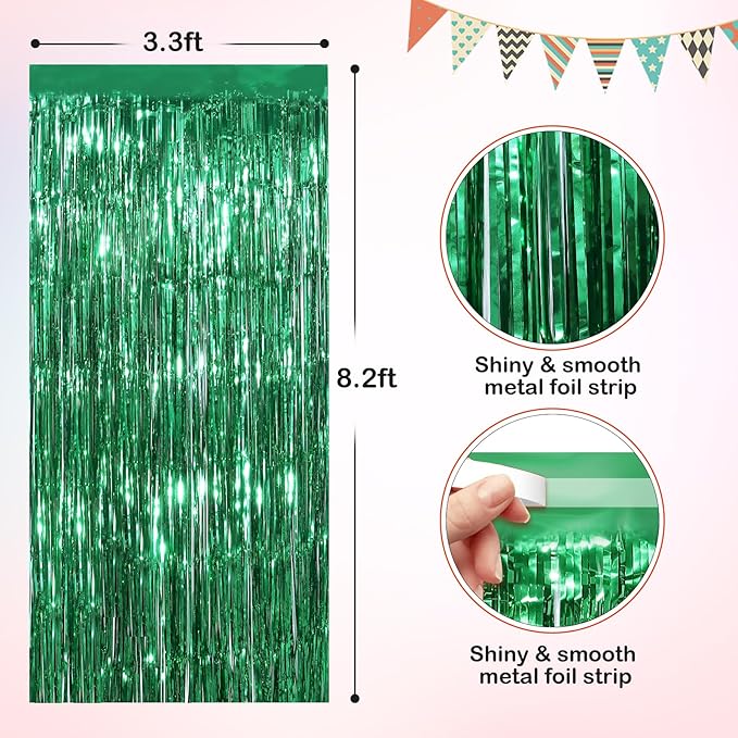 Green Metallic Tinsel Foil Fringe Curtains, 4 Pack 3.3x8.3 Feet Party