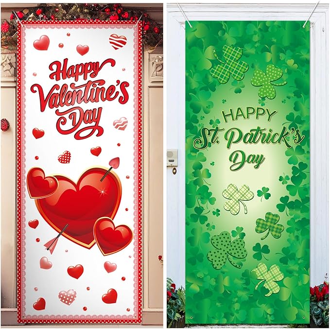 2 Pcs St Patricks Day and Valentine‘S Day Door Covers Green Shamrock