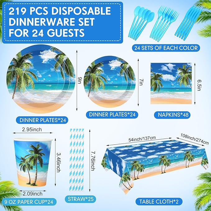 219 Pcs Beach Party Decorations Blue Summer Tropical Plate Napkin