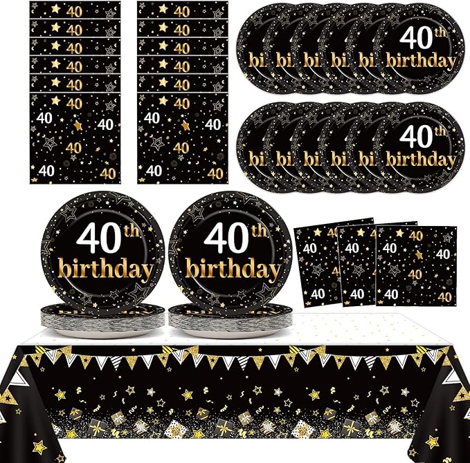 40th Birthday Party Supplies Serves 24 Black and Gold 40 Years Old