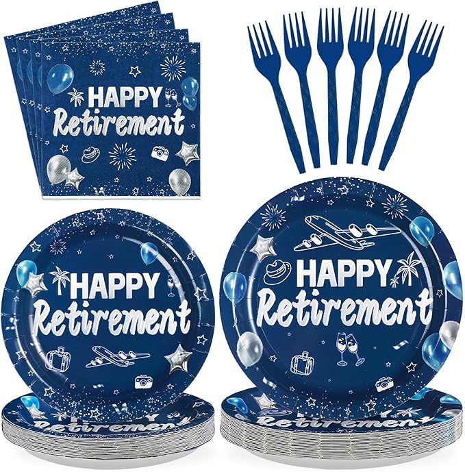 96Pcs Happy Retirement Party Supplies Blue and Silver Plates and