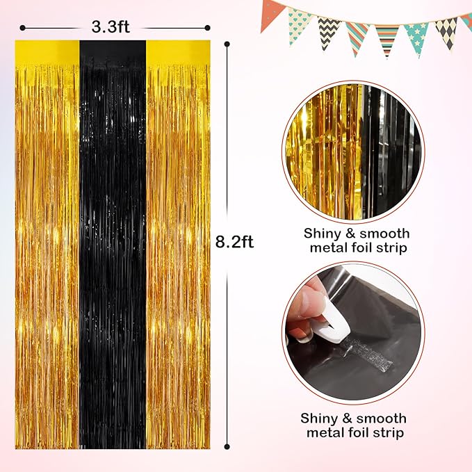 Black Gold Metallic Tinsel Foil Fringe Curtains, 2 Pack 3.3x8.3 Feet