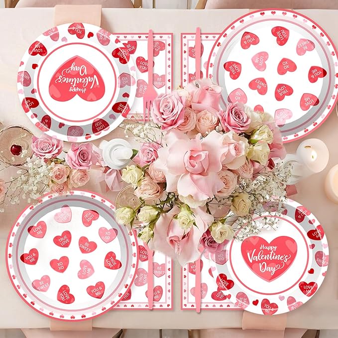 96Pcs Valentines Day Pales and Napkins Red Heart Love Valentine
