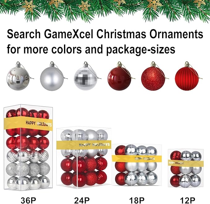 GameXcel 24Pcs Christmas Balls Ornaments for Xmas Tree - Shatterproof
