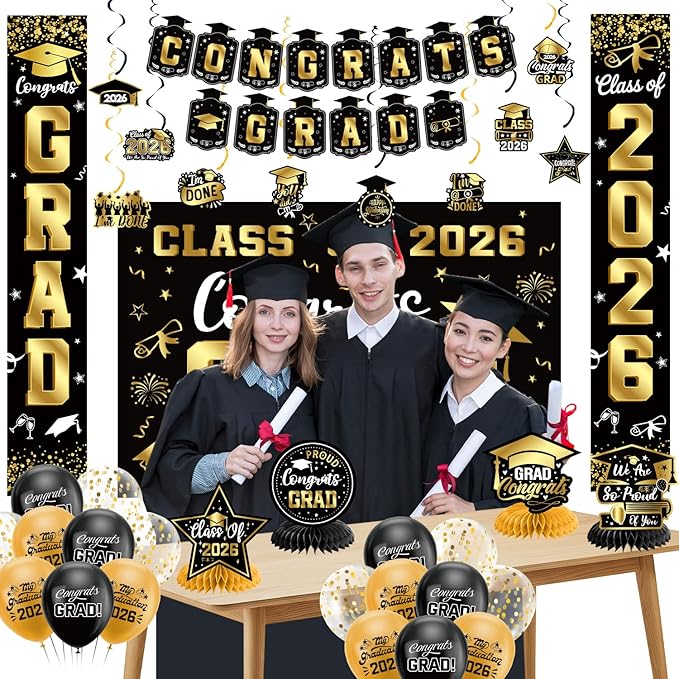 Graduation Decorations 2026 Set Black Gold Congrats Grad Decor Set
