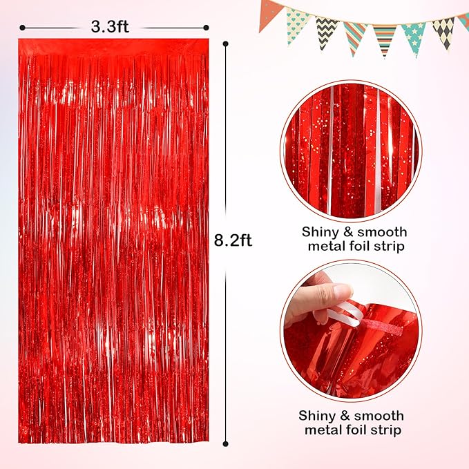 Red Metallic Tinsel Foil Fringe Curtains, 2 Pack 3.3x8.3 Feet Party