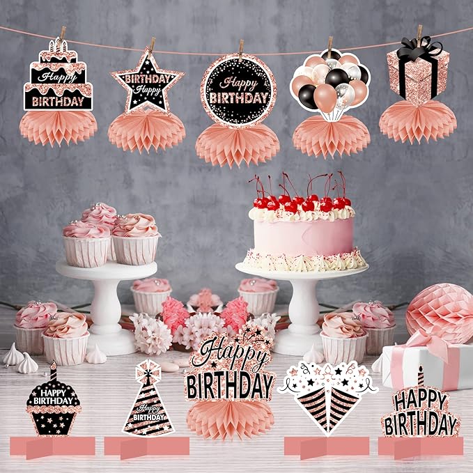 10Pcs Rose Gold Birthday Decorations Honeycomb Centerpieces for Girls