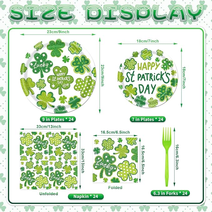 96 Pieces St Patrick's Day Tableware Set Green Shamrock Disposable