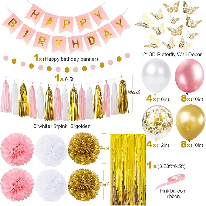 Pink and Gold Birthday Party Decorations for Women with Happy