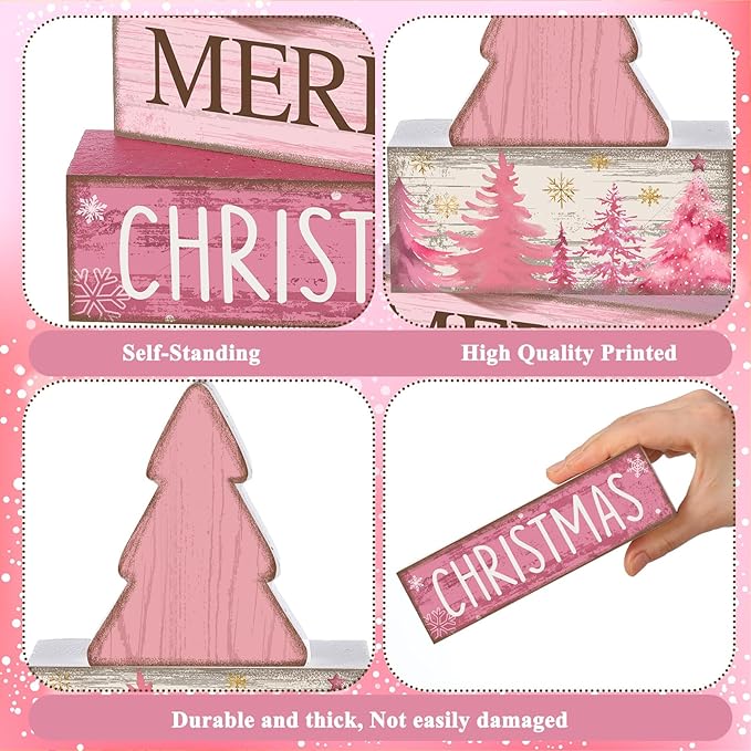 4 Pcs Christmas Table Decoration Wooden Pink Christmas Tree