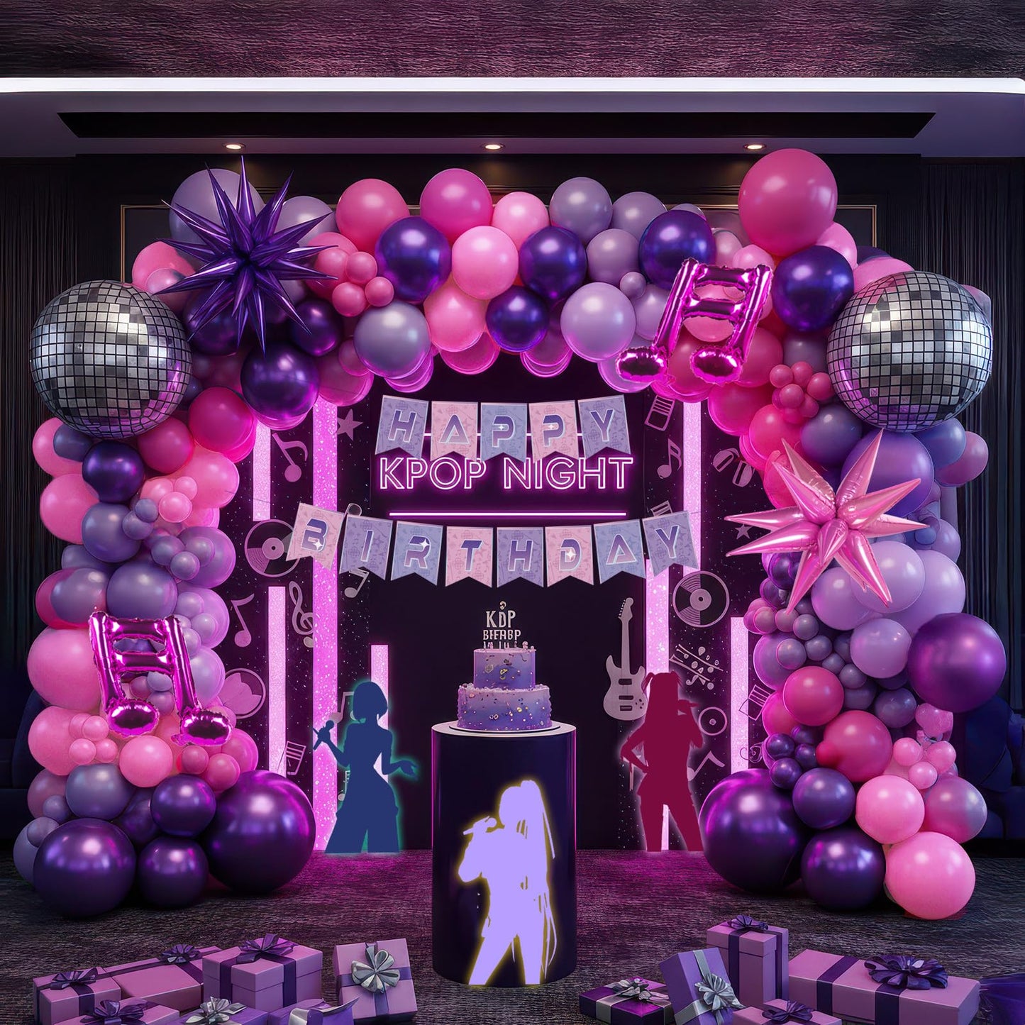 K-Pop Music themed Birthday Decorations with Hot Pink Metallic Purple