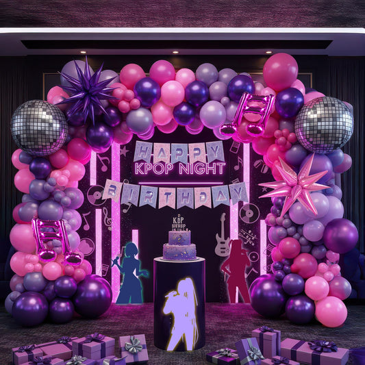 K-Pop Music themed Birthday Decorations with Hot Pink Metallic Purple