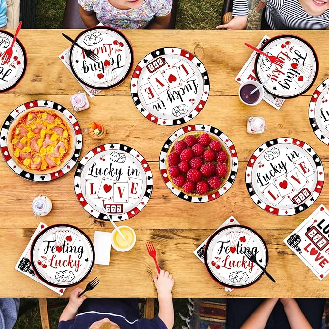96 Pcs Casino Party Decorations Lucky In Love Plates and Napkins