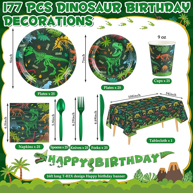 177 Pcs Dinosaur Birthday Party Supplies 25 Guest Dinosaur Theme