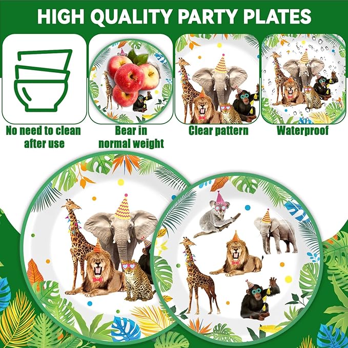 96Pcs Jungle Birthday Party Plates and Napkins Safari Animals Themed