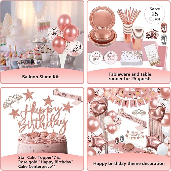 253 Pcs Birthday Decorations for Women Rose Gold Party Decorations