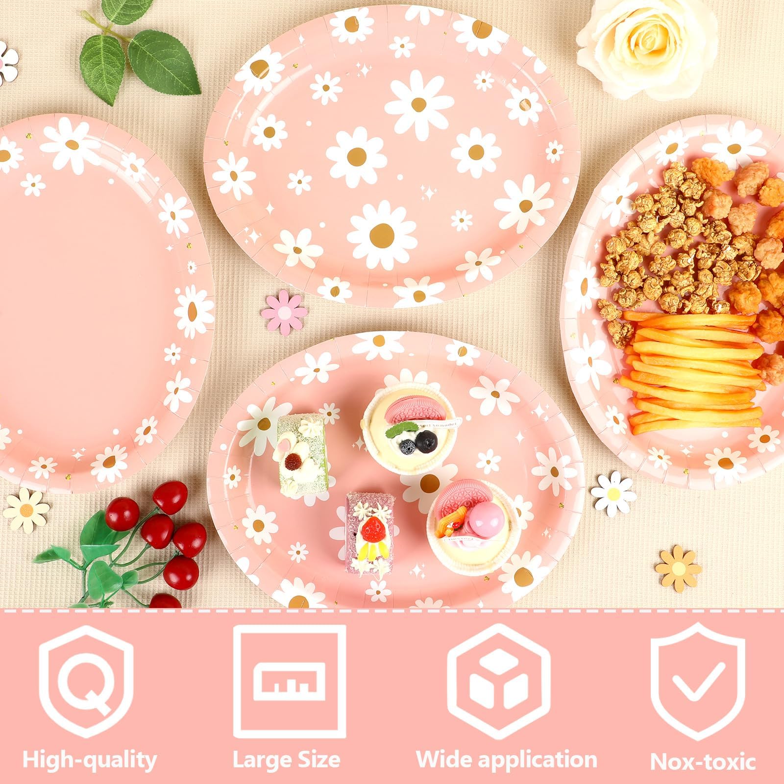 Qyeahkj 50 PCS Pink Daisy Oval Paper Plates Spring Large 11” One Two