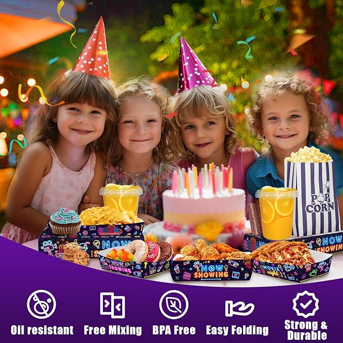 60Pcs Movie Night Supplies 30Pcs Neon Movie Night Snack Trays with