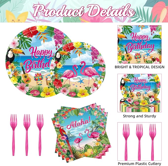 100 Pcs Tropical Aloha Flamingo Birthday Party Supplies Set Serves