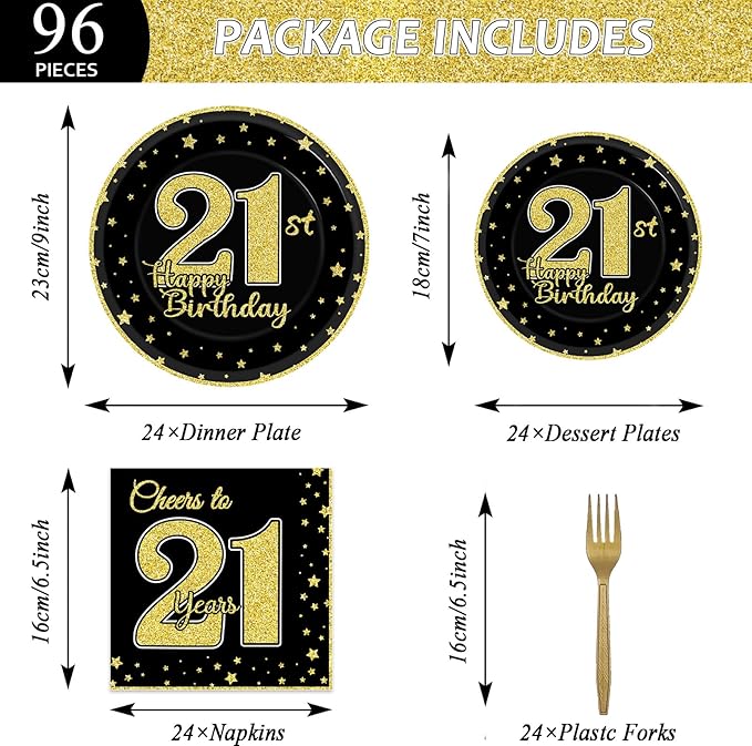 96 Pcs 21st Birthday Party Supplies for 24 Guests Cheers to 21 Years