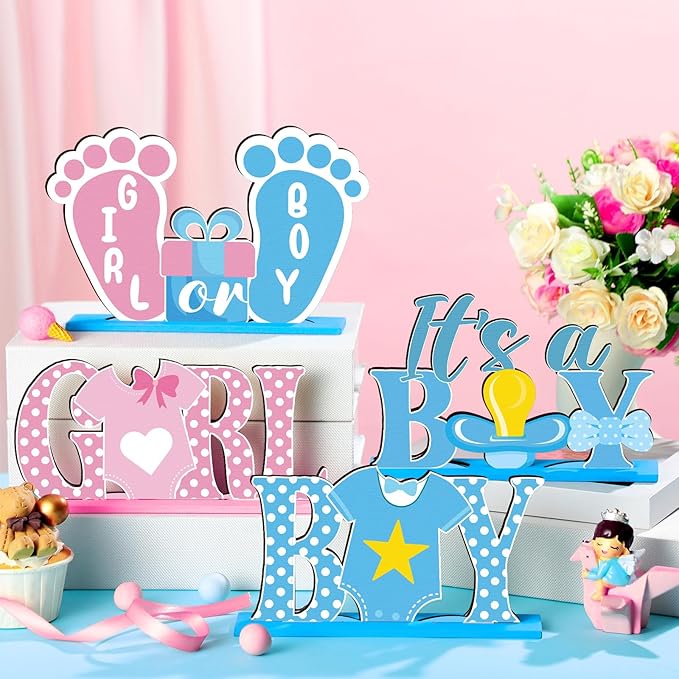 6 Pcs Baby Gender Reveal Centerpieces Table Wooden Decorations Blue