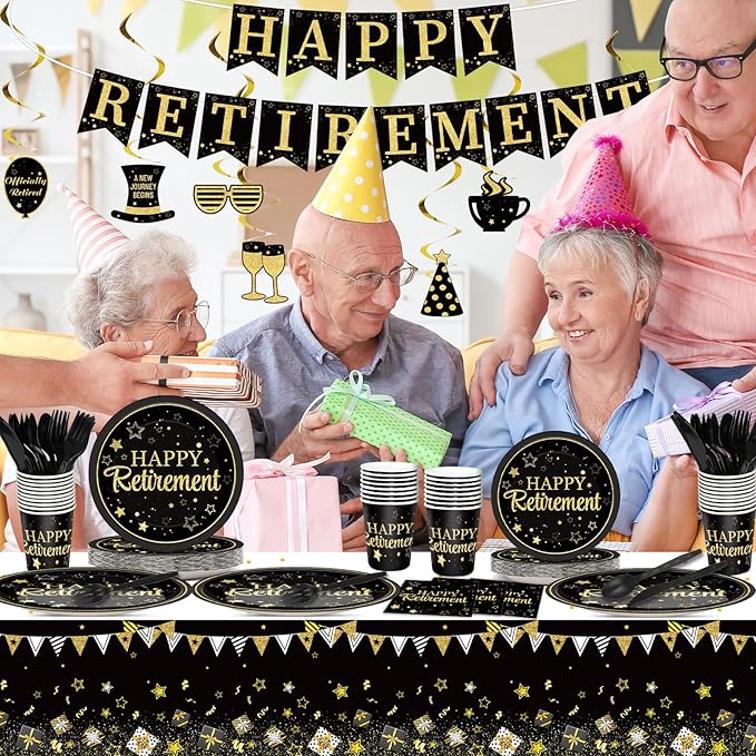 184pcs Happy Retirement Party Supplies Black Gold Happy Retirement