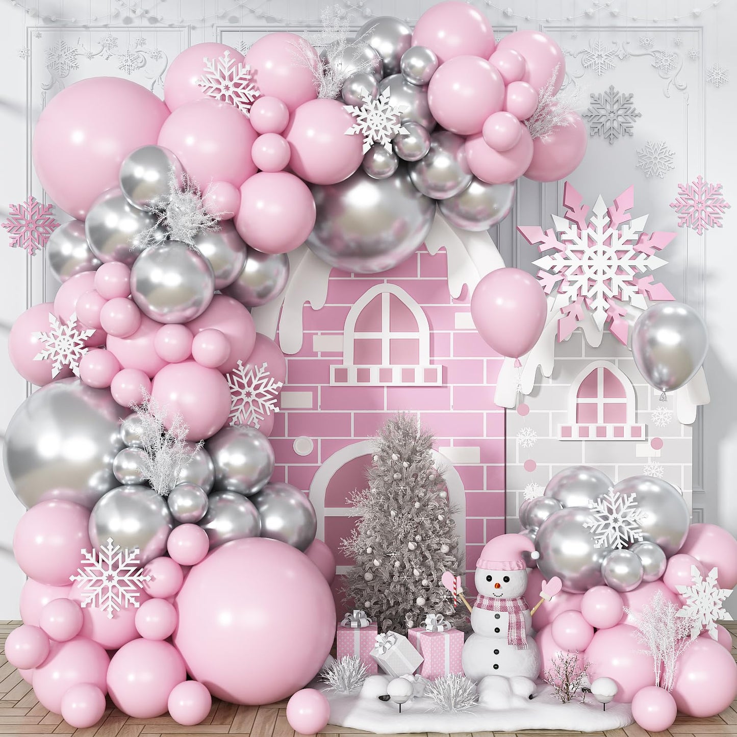 Pink and Silver Balloon Arch Kit, Metallic Silver Macaron Pink Balloon
