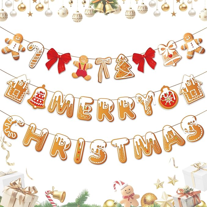Merry Christmas Banner Gingerbread Christmas Hanging Decoration 3PCS