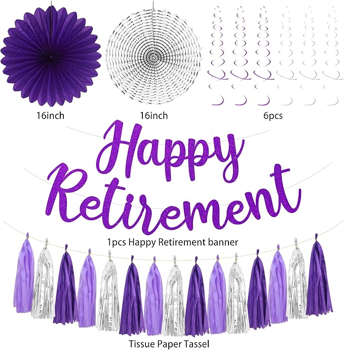 Retirement Party Decorations Women Purlpe Glitter Happy Retirement