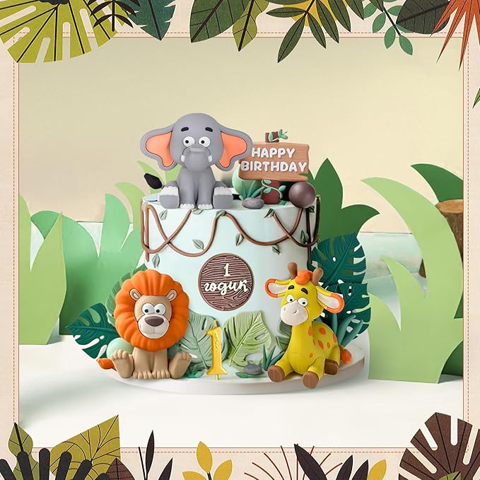 19pcs Safari Animal Cake Topper Jungle Wild Cake Toppers with Leaves