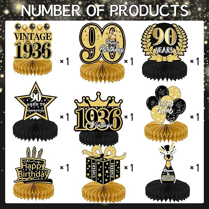 90th Birthday Decorations, 9PCS 90th Birthday Party Table Decorations